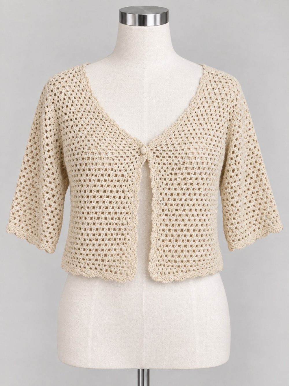 Norm Thompson Vintage Cream Linen/Cotton Crochet Knit Cardigan Sweater Size XL